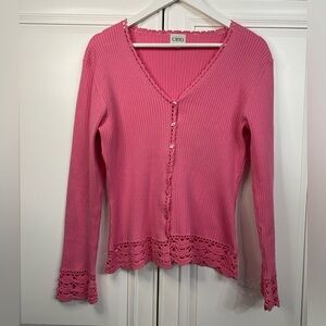 Cleo Women’s Size Large Pink Cardigan V Neck Crochet Hem Cuffs Ribbed
